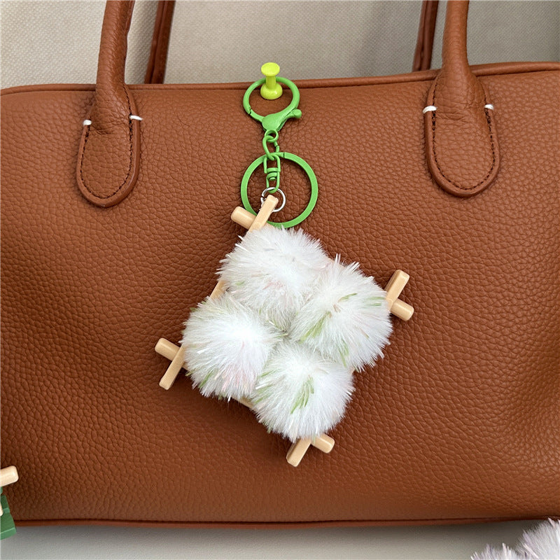 Plush Pom Pom Wooden Lattice Bag Charm Keychain - Green