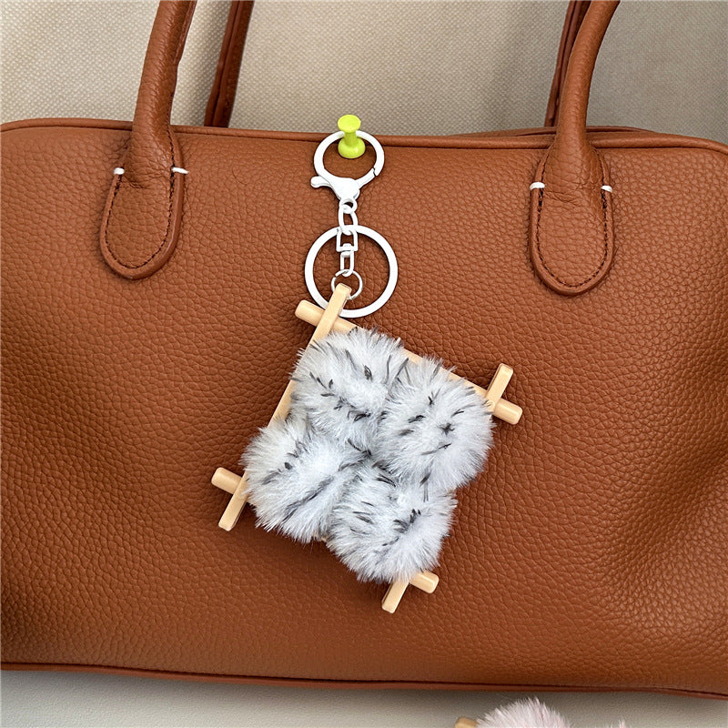 Plush Pom Pom Wooden Lattice Bag Charm Keychain - Grey