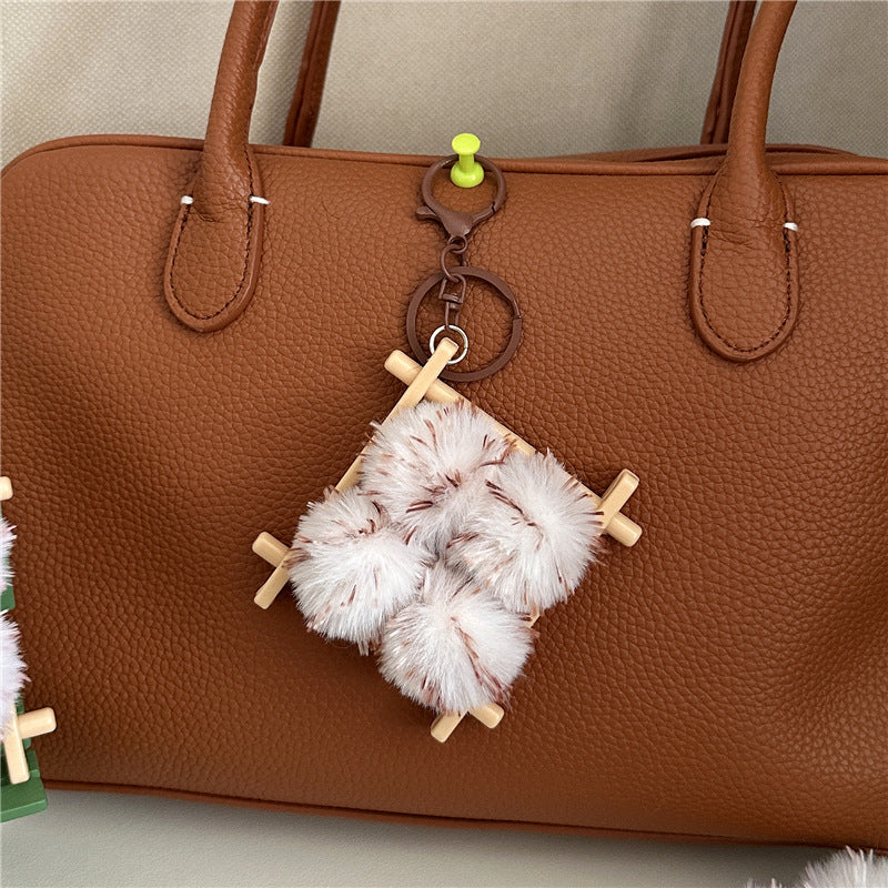 Plush Pom Pom Wooden Lattice Bag Charm Keychain - Khaki