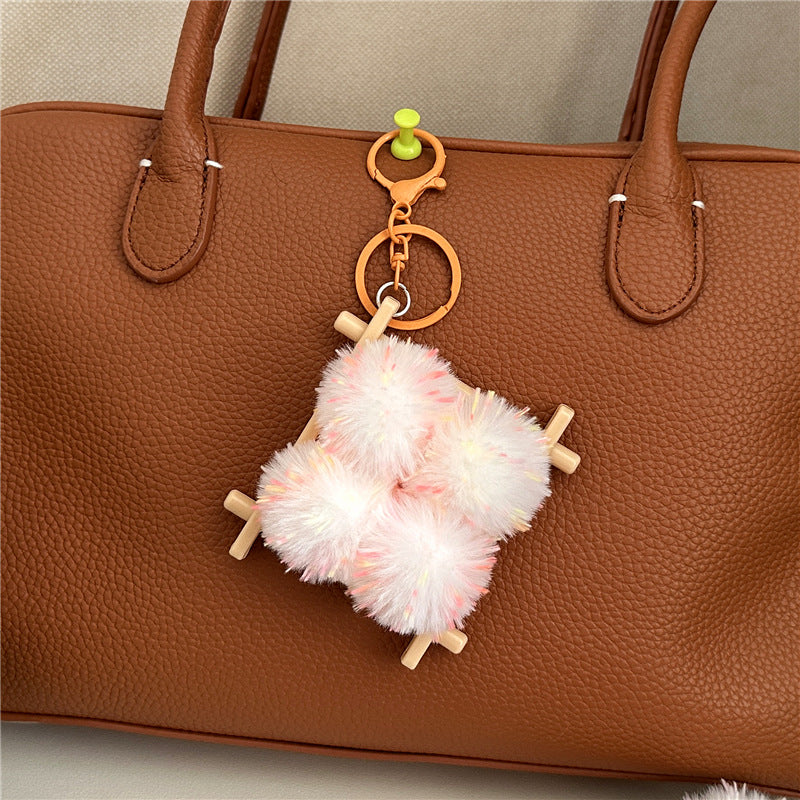 Plush Pom Pom Wooden Lattice Bag Charm Keychain - Orange