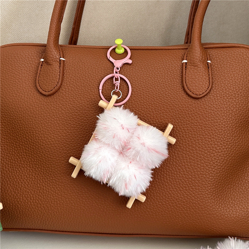 Plush Pom Pom Wooden Lattice Bag Charm Keychain - Pink