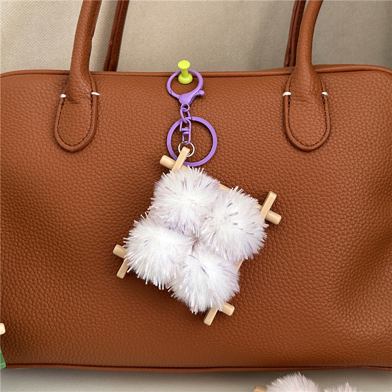 Plush Pom Pom Wooden Lattice Bag Charm Keychain - Purple