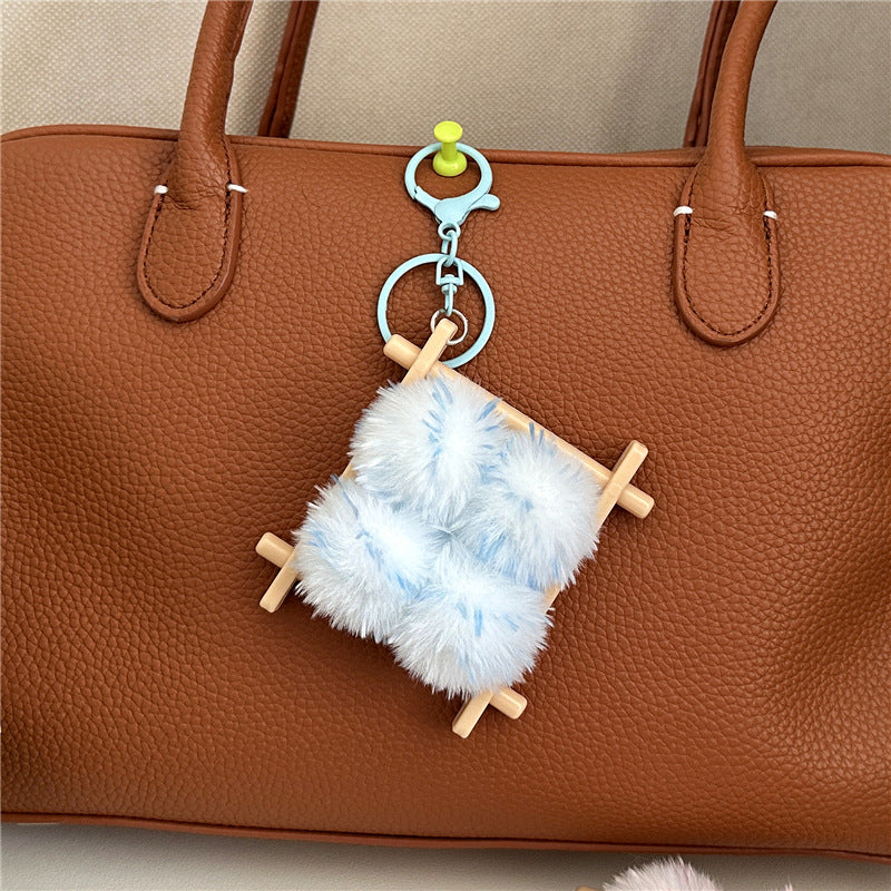 Plush Pom Pom Wooden Lattice Bag Charm Keychain - Sky_Blue