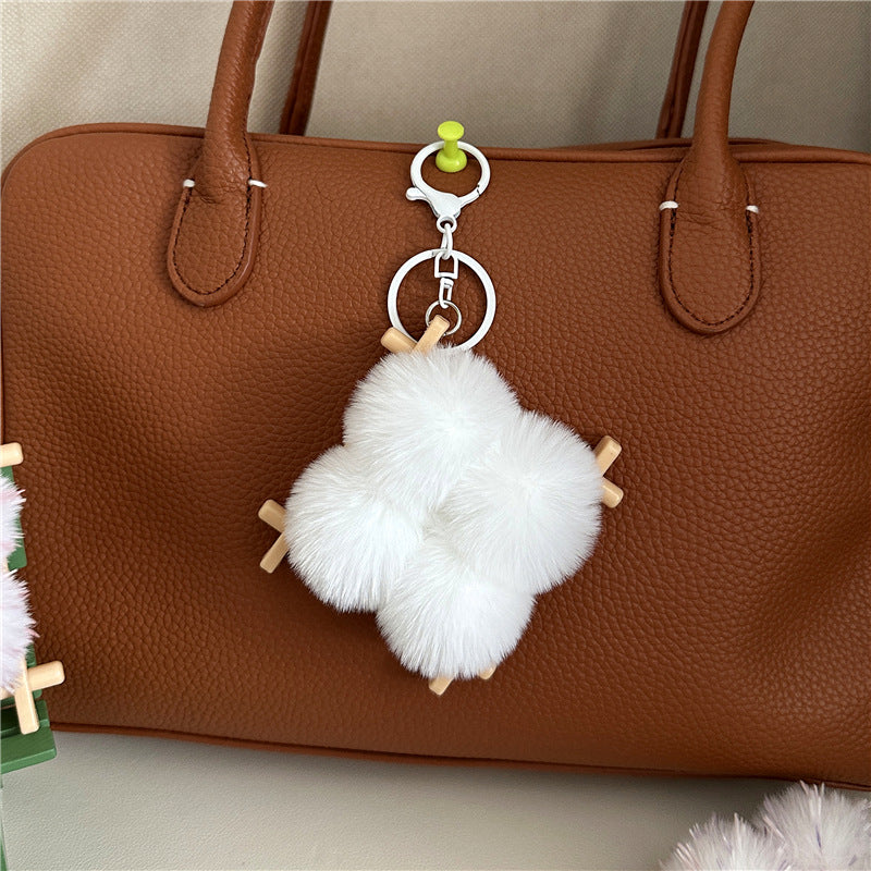 Plush Pom Pom Wooden Lattice Bag Charm Keychain - White