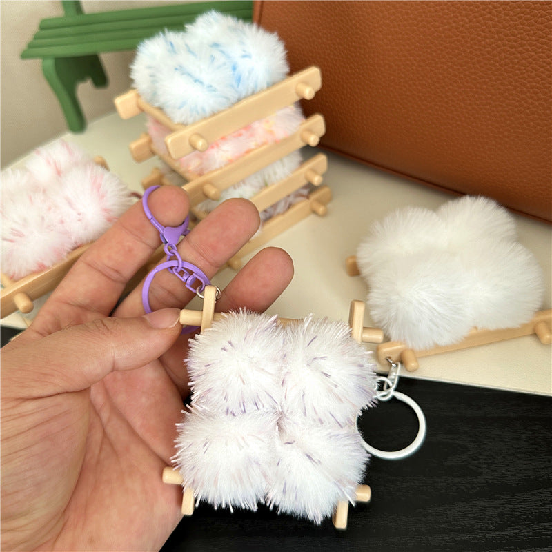 Plush Pom Pom Wooden Lattice Bag Charm Keychain