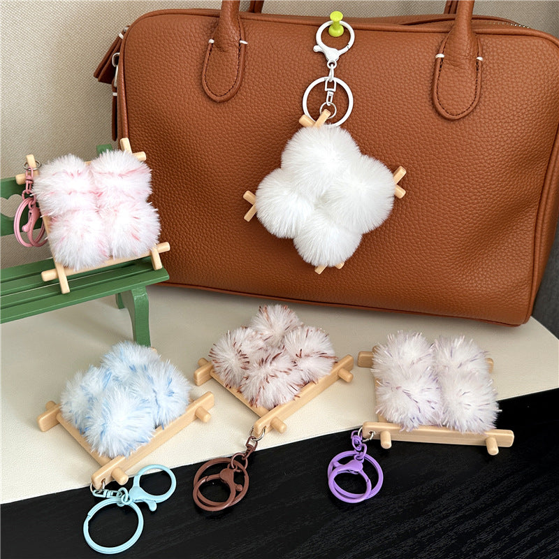 Plush Pom Pom Wooden Lattice Bag Charm Keychain - view 1