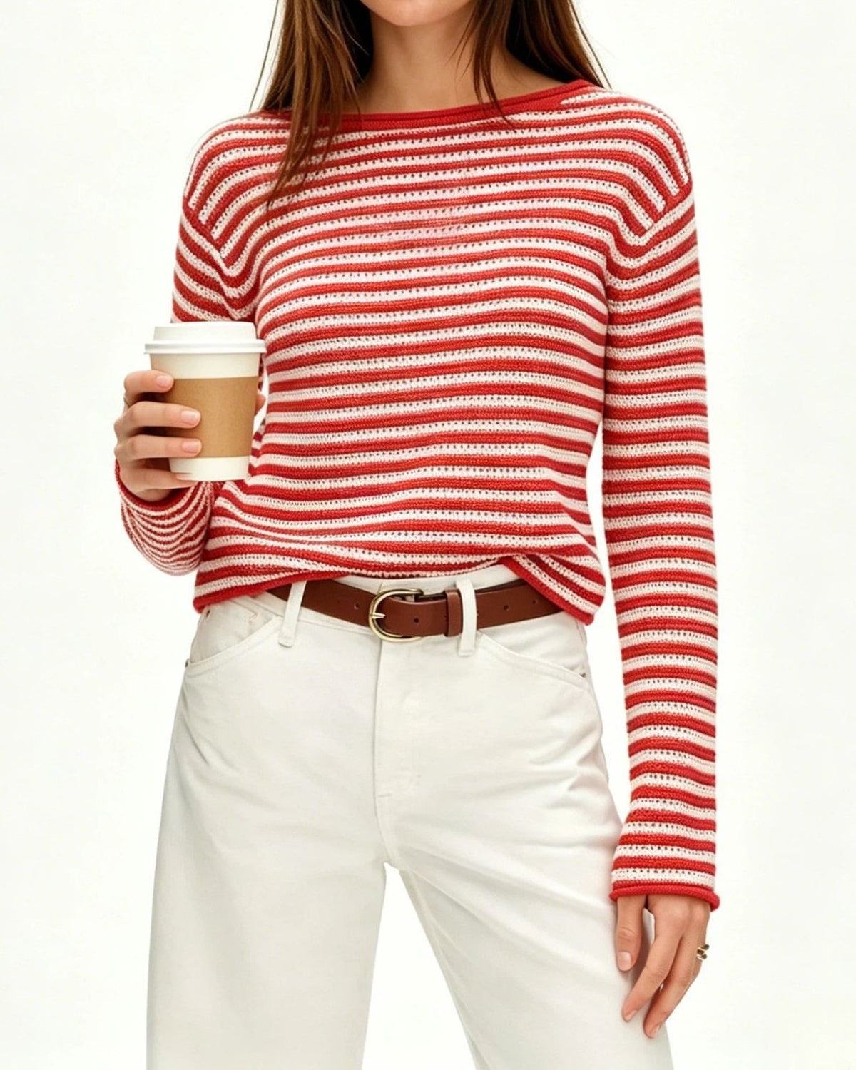 Fine Stripe Ribbed Knit Sweater - Red