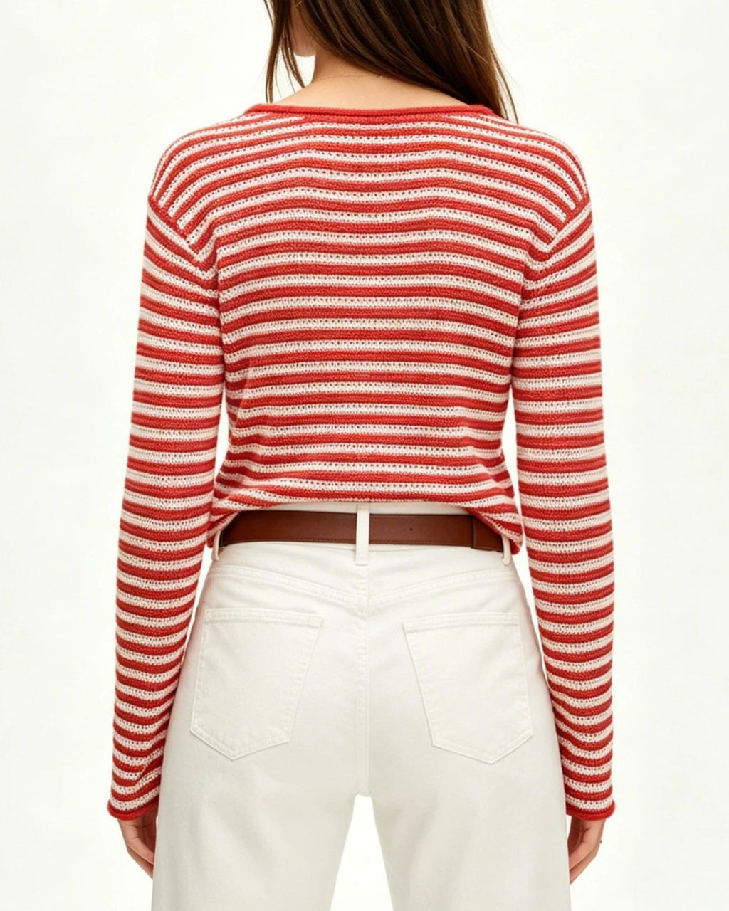 Fine Stripe Ribbed Knit Sweater - Red - 1