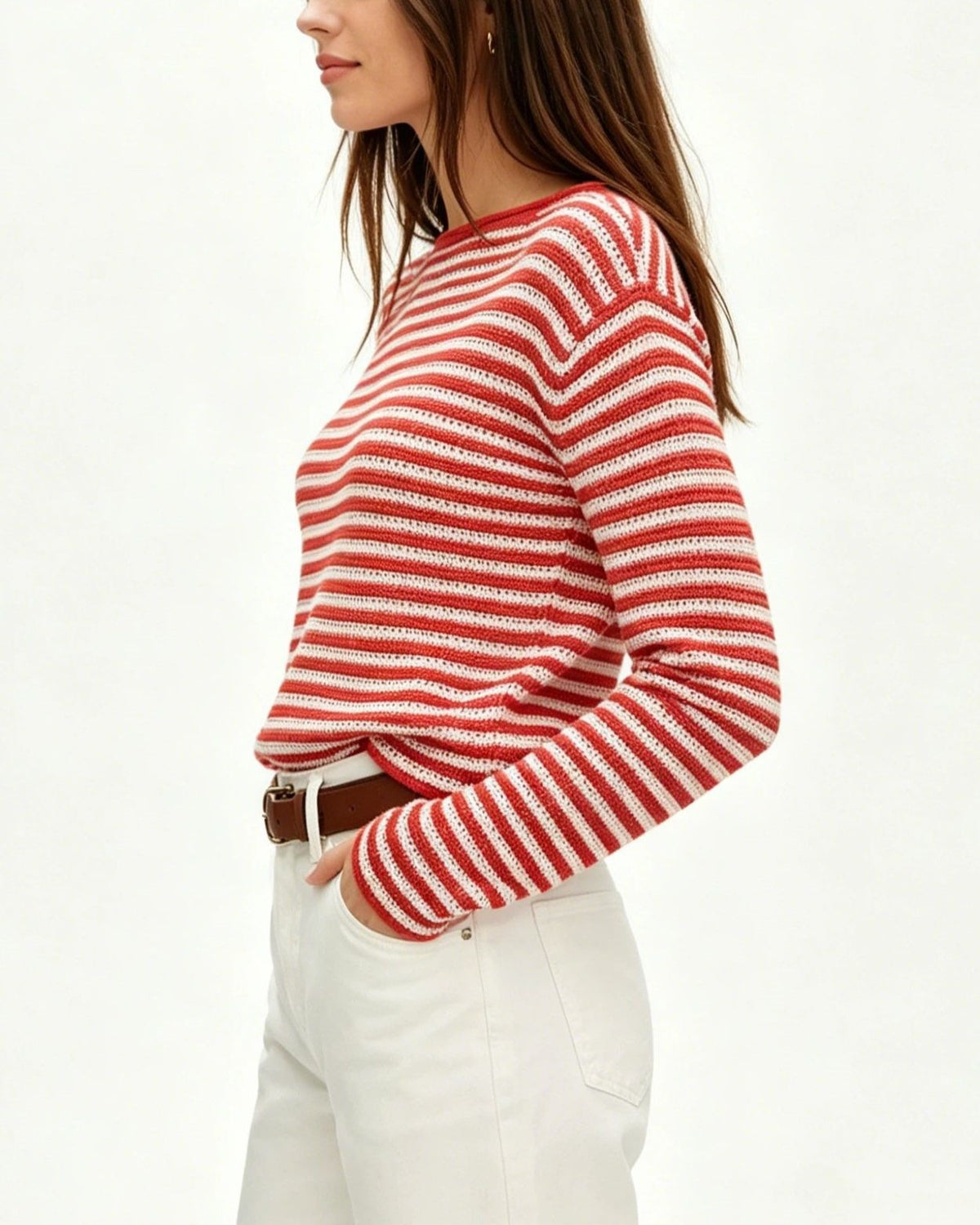 Fine Stripe Ribbed Knit Sweater - Red - 3