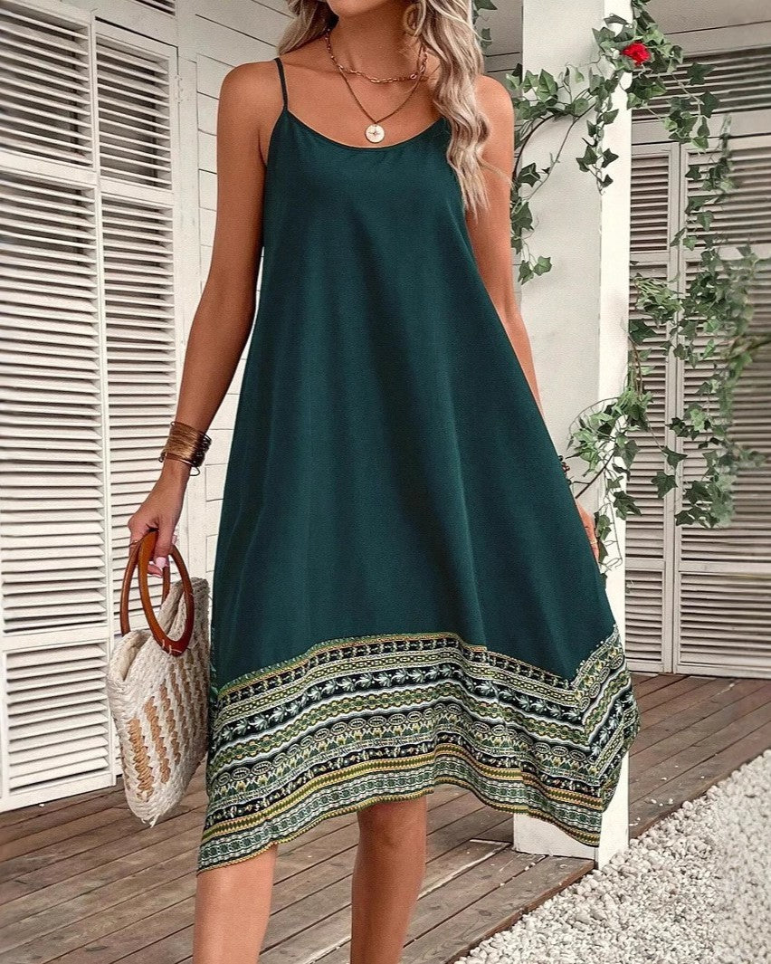 Border Print Handkerchief Hem Cami Dress - Green - 1