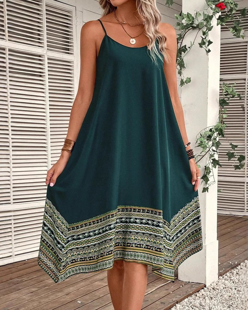 Border Print Handkerchief Hem Cami Dress - Green - 2