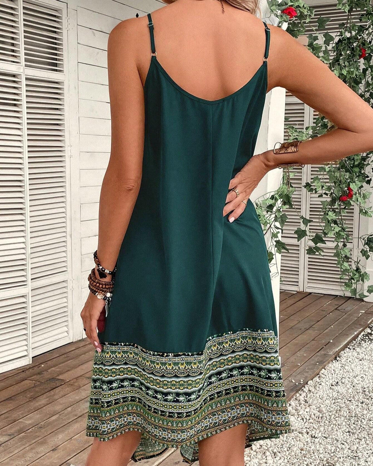 Border Print Handkerchief Hem Cami Dress - Green - 3