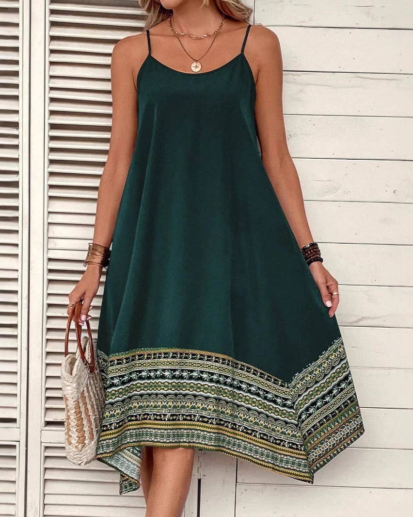 Border Print Handkerchief Hem Cami Dress