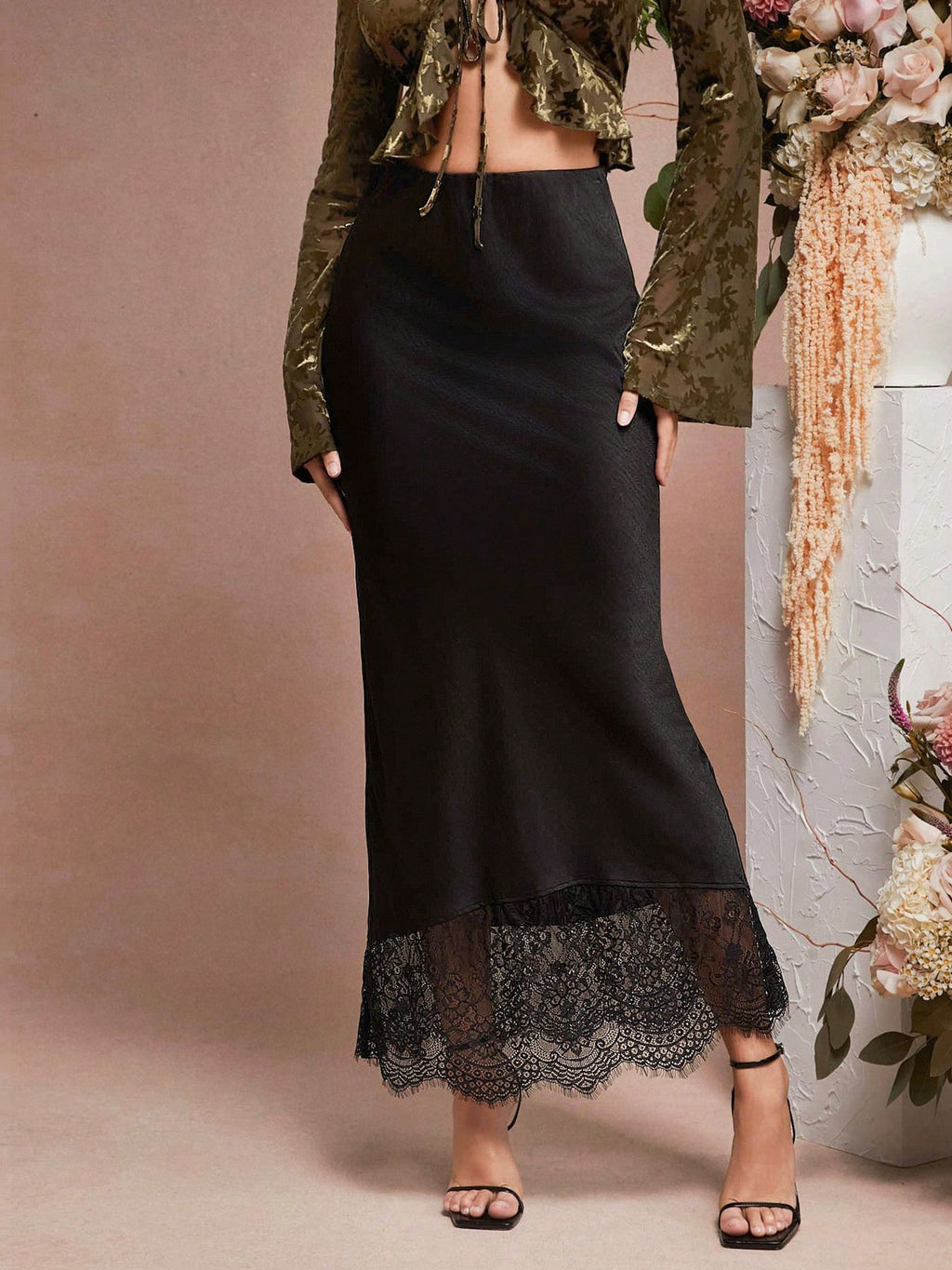 Lace Hem Satin Slip Maxi Skirt - Black