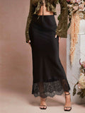 Lace Hem Satin Slip Maxi Skirt - Black