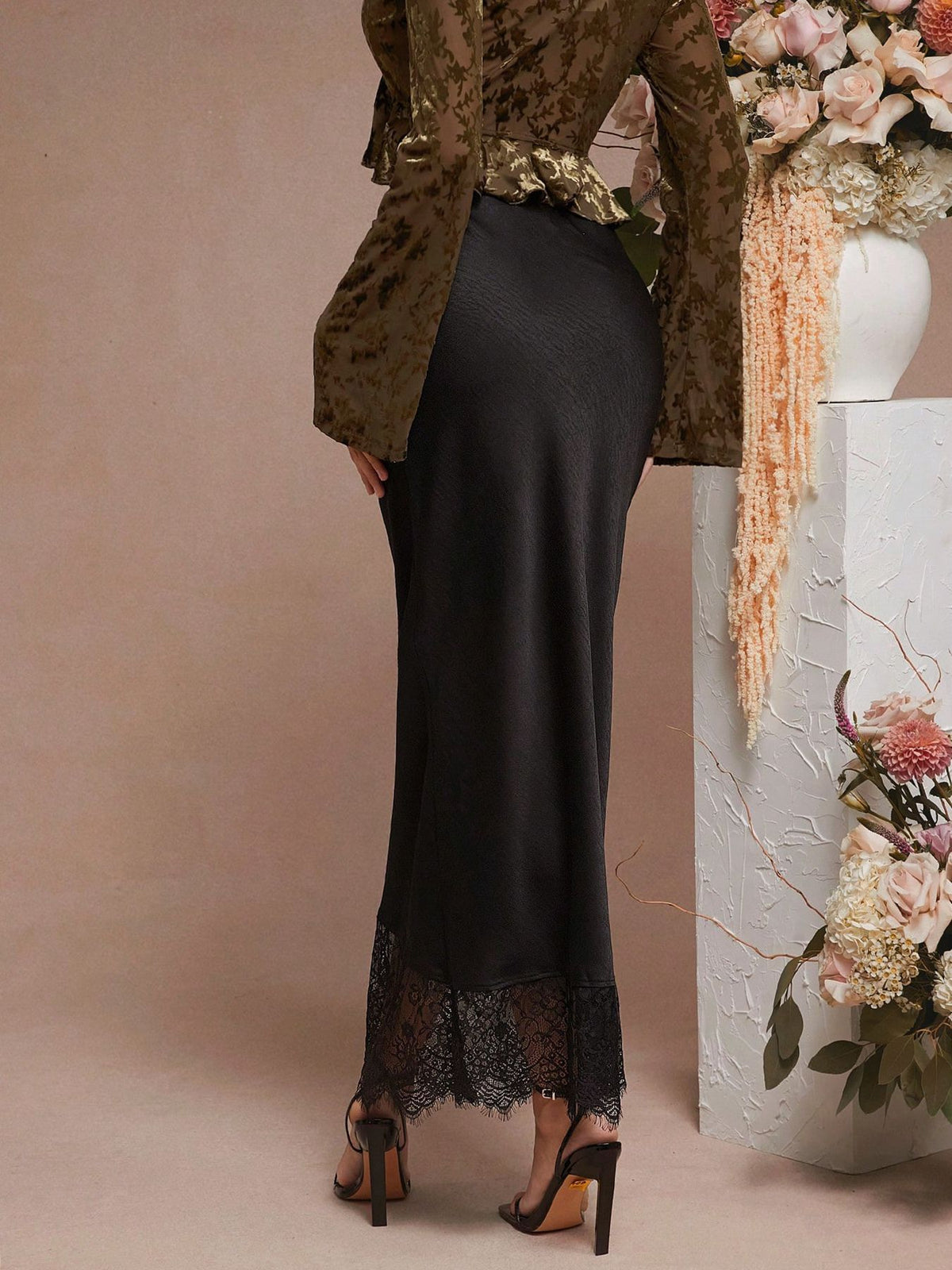 Lace Hem Satin Slip Maxi Skirt - Black - 1