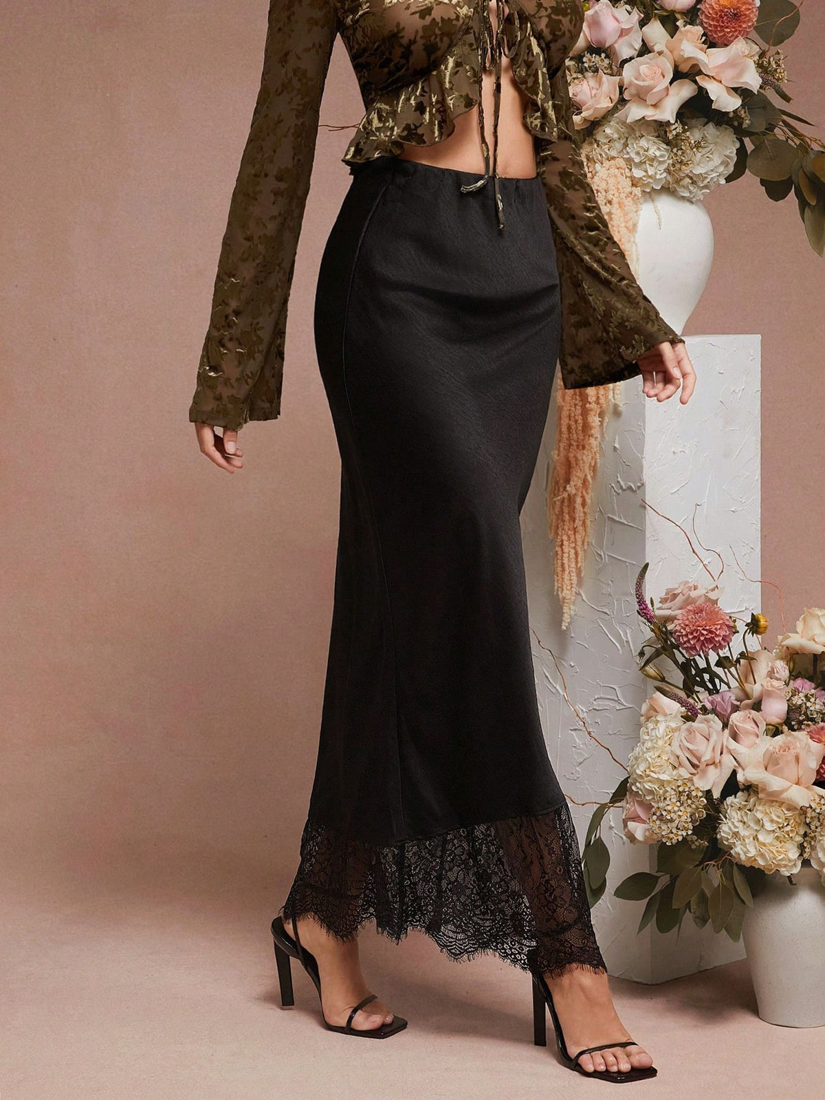 Lace Hem Satin Slip Maxi Skirt - Black - 2