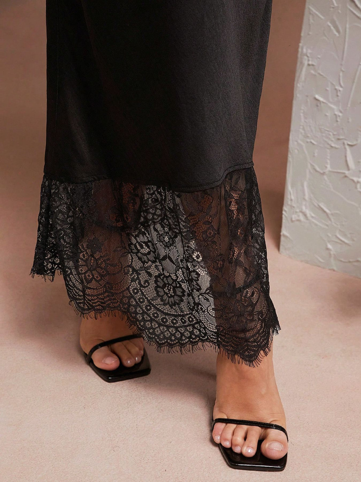 Lace Hem Satin Slip Maxi Skirt - Black - 3