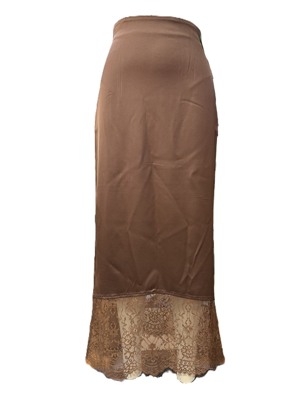 Lace Hem Satin Slip Maxi Skirt - Brown