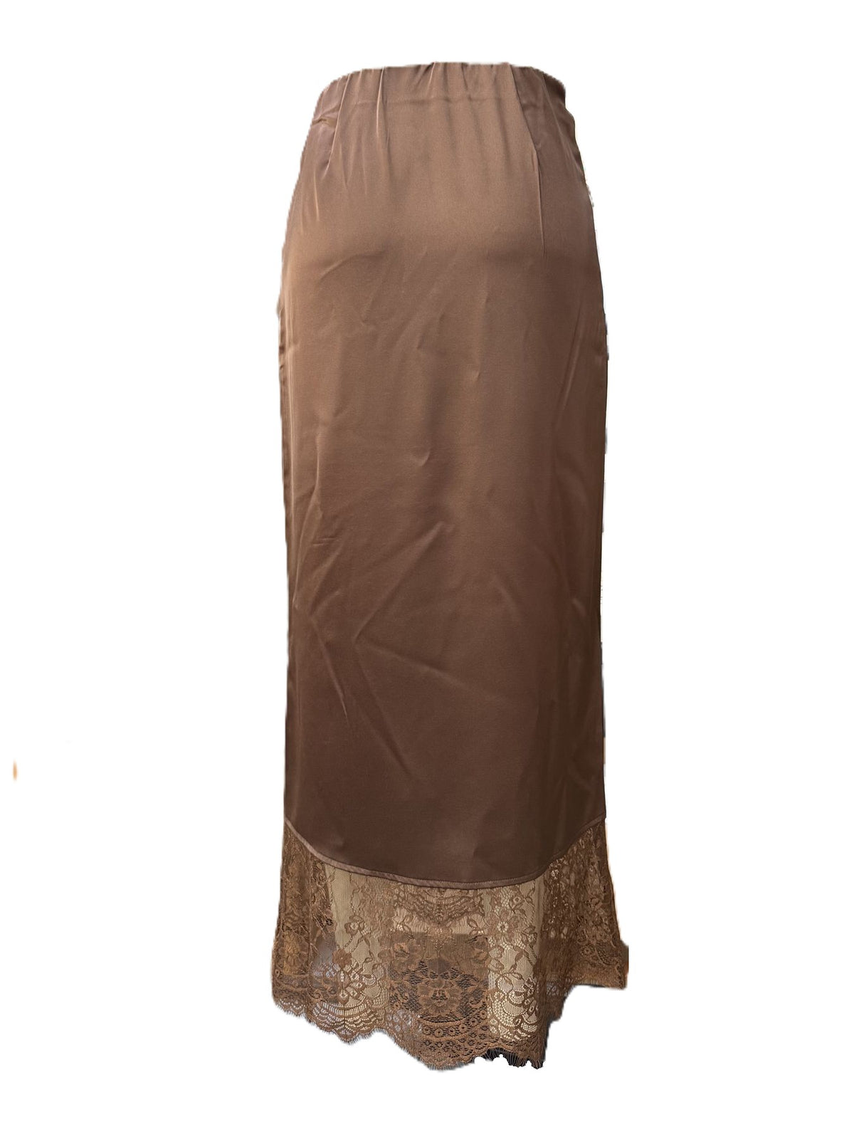 Lace Hem Satin Slip Maxi Skirt - Brown - 1
