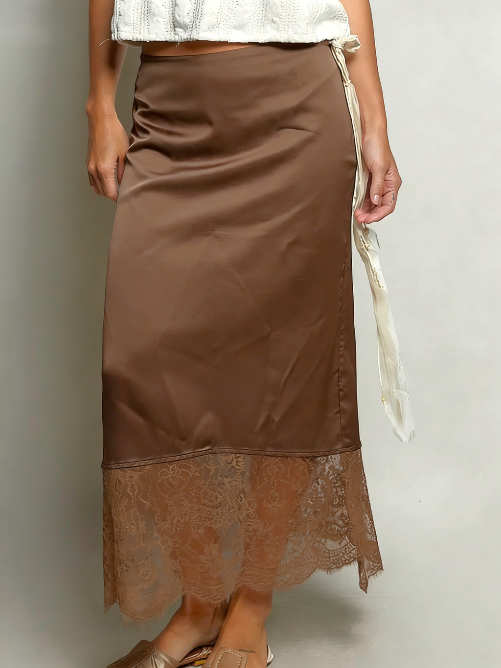 Lace Hem Satin Slip Maxi Skirt - Brown - 2