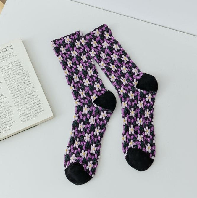 Retro Floral Jacquard Mid Calf Socks - Black