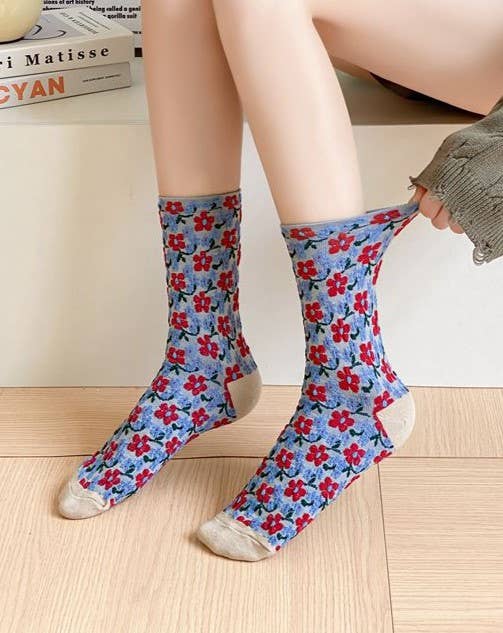 Retro Floral Jacquard Mid Calf Socks