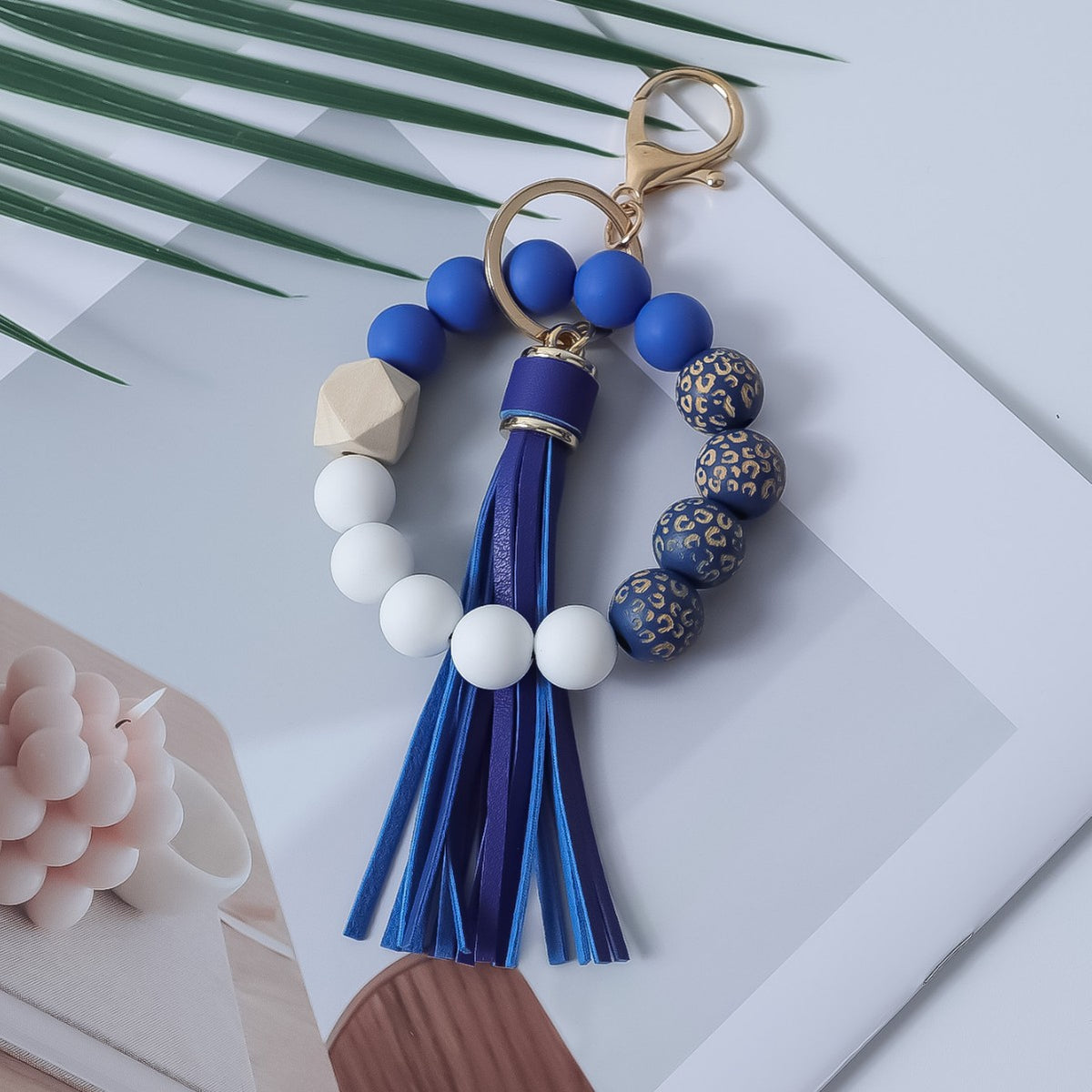 Silicone Bead Bangle Keychain With Fringe Tassel - Blue