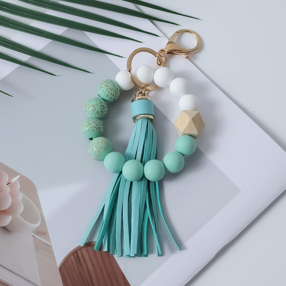 Silicone Bead Bangle Keychain With Fringe Tassel - Green