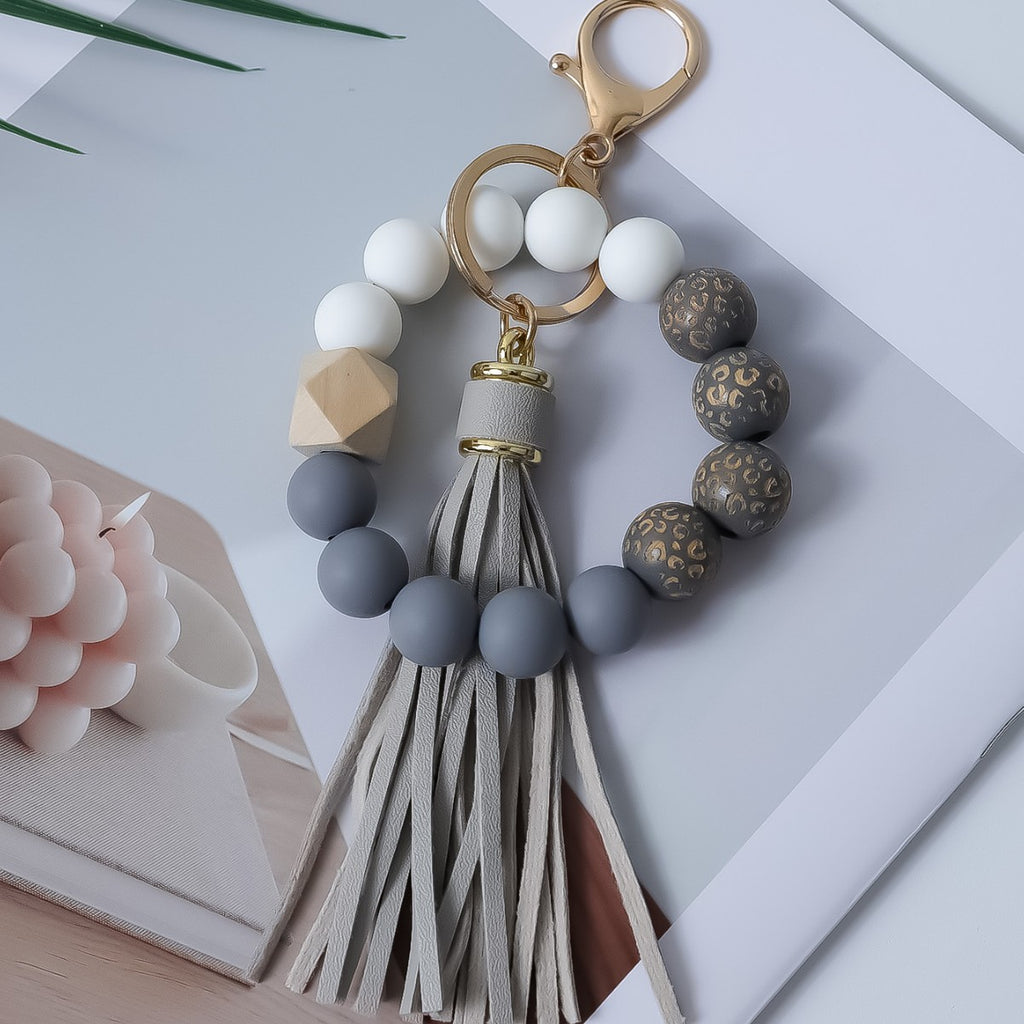 Silicone Bead Bangle Keychain With Fringe Tassel - Grey