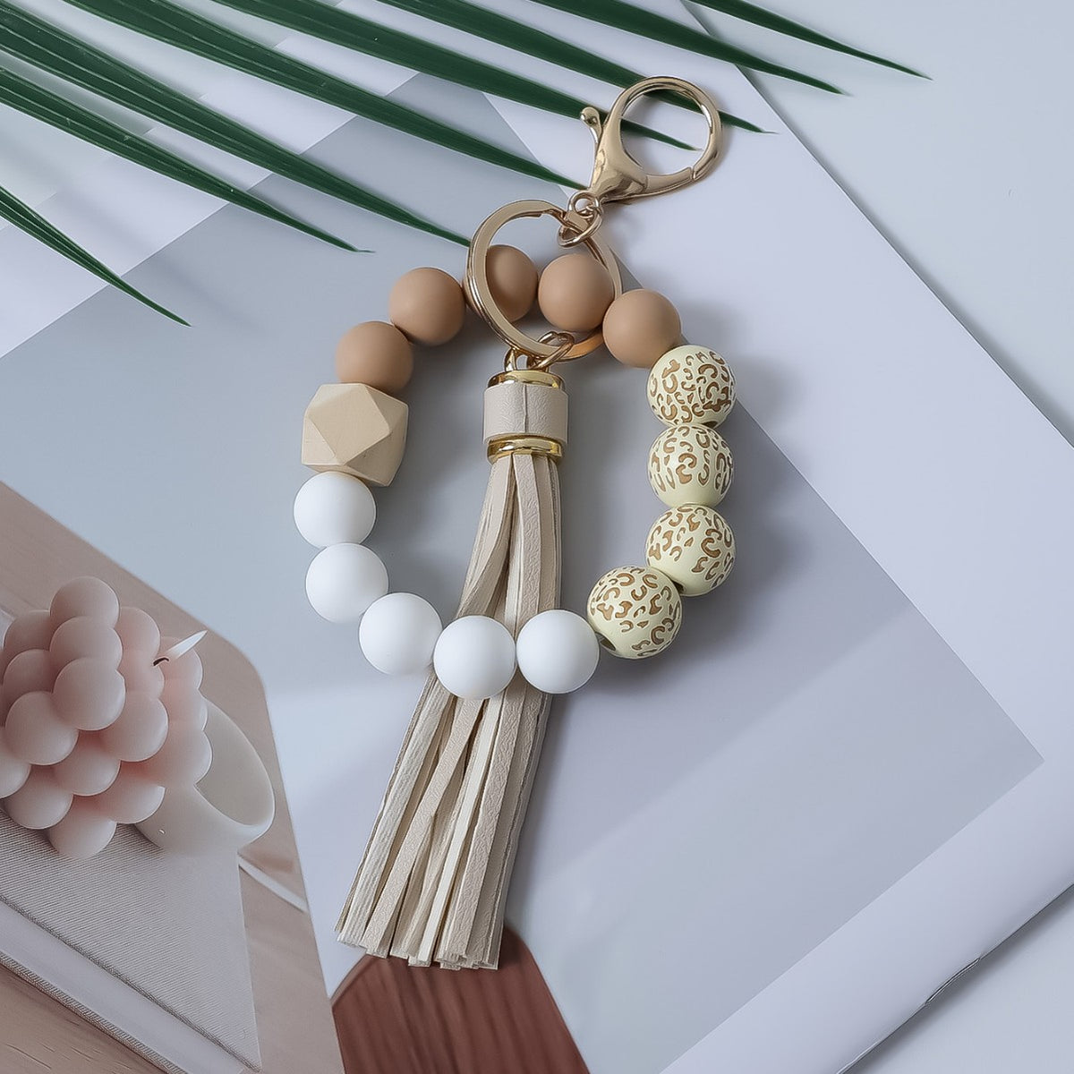 Silicone Bead Bangle Keychain With Fringe Tassel - Khaki