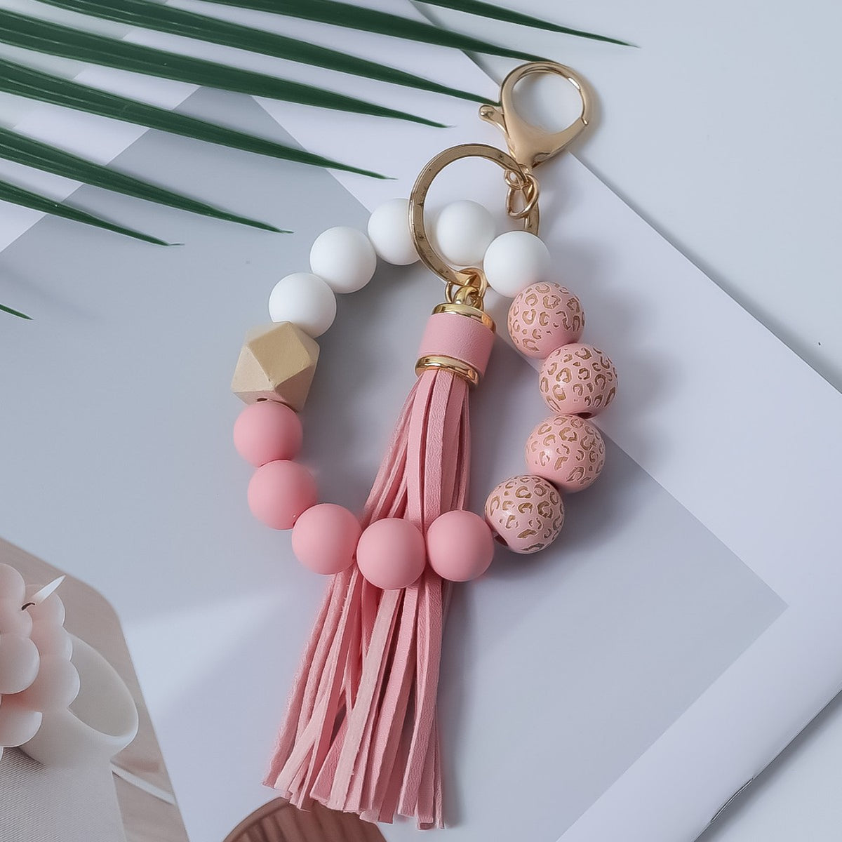 Silicone Bead Bangle Keychain With Fringe Tassel - Pink