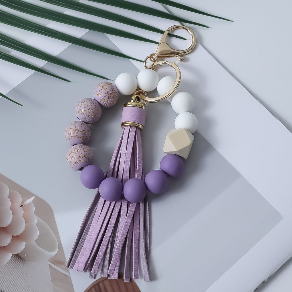 Silicone Bead Bangle Keychain With Fringe Tassel - Purple