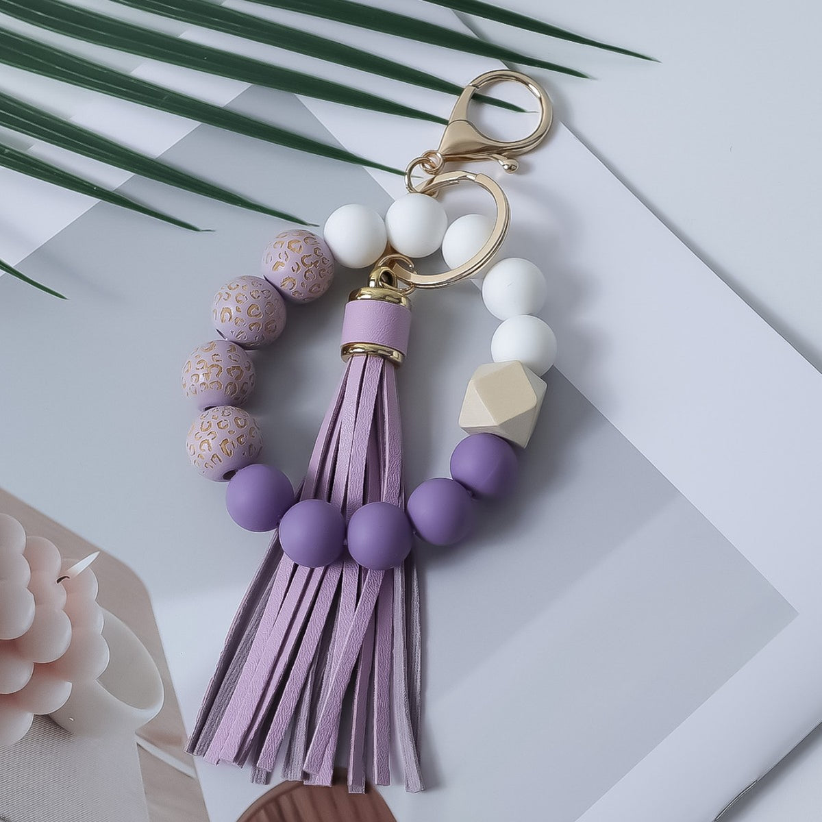 Silicone Bead Bangle Keychain With Fringe Tassel - Purple