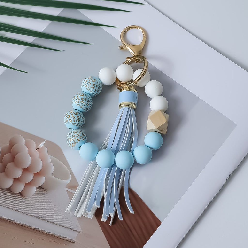 Silicone Bead Bangle Keychain With Fringe Tassel - SkyBlue