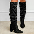 Slouchy Pointed Toe Knee High Block Heel Boots - Black Suede