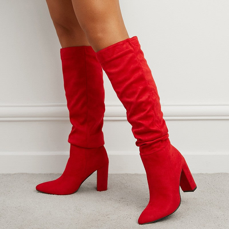 Slouchy Pointed Toe Knee High Block Heel Boots