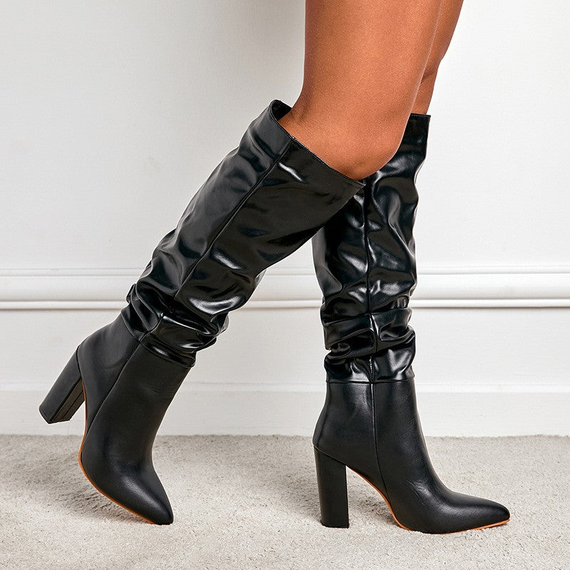 Slouchy Pointed Toe Knee High Block Heel Boots
