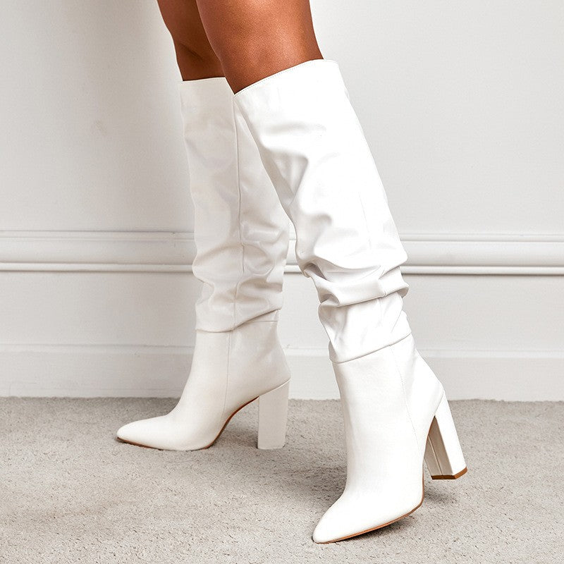 Slouchy Pointed Toe Knee High Block Heel Boots
