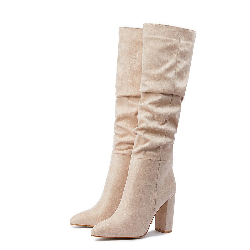 Slouchy Pointed Toe Knee High Block Heel Boots