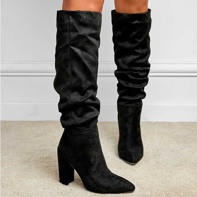 Slouchy Pointed Toe Knee High Block Heel Boots
