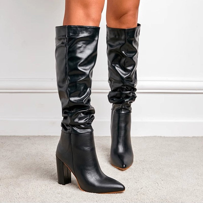 Slouchy Pointed Toe Knee High Block Heel Boots