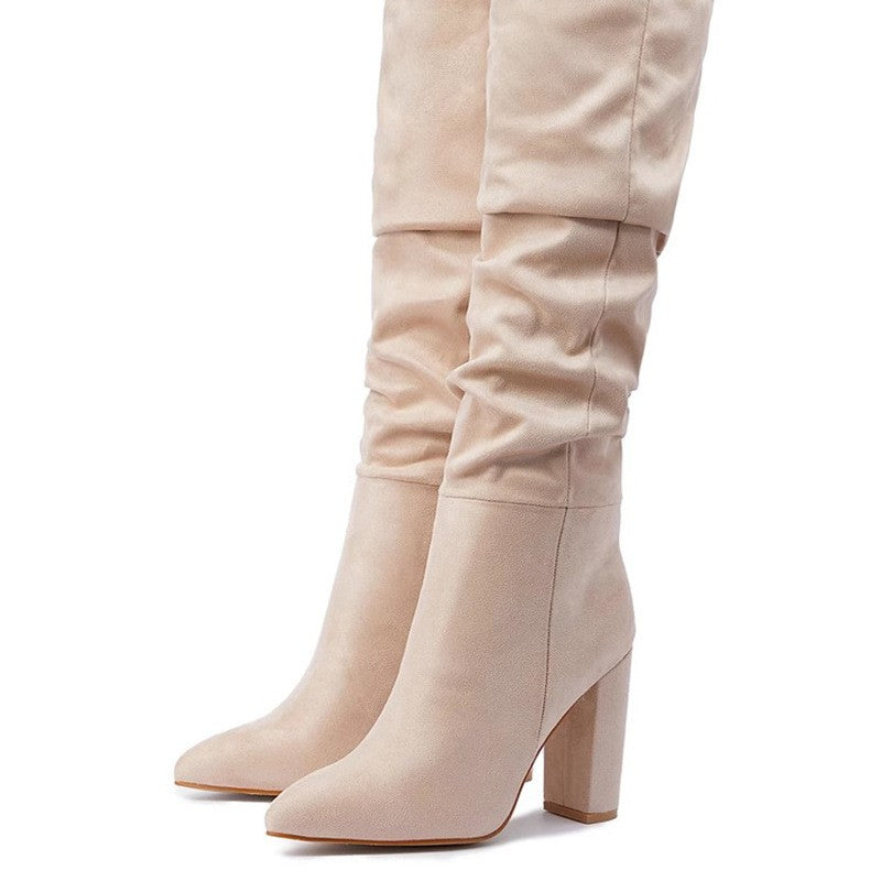 Slouchy Pointed Toe Knee High Block Heel Boots