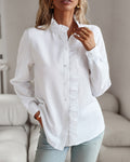 Frill Neck Crinkle Cotton Button Up Shirt - White