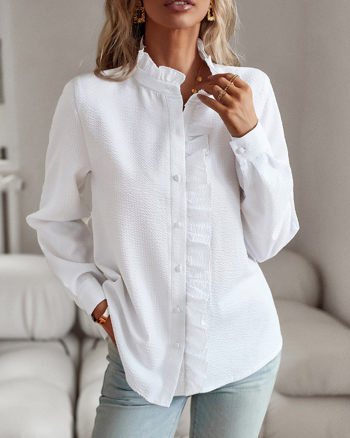 Frill Neck Crinkle Cotton Button Up Shirt - White
