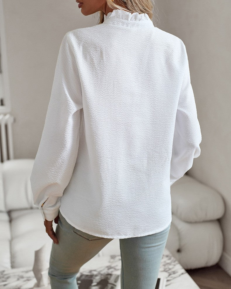 Frill Neck Crinkle Cotton Button Up Shirt - White - 1