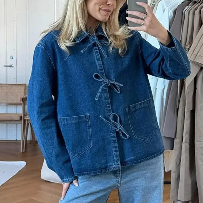 Bow Tie Front Washed Denim Jacket - DarkBlue