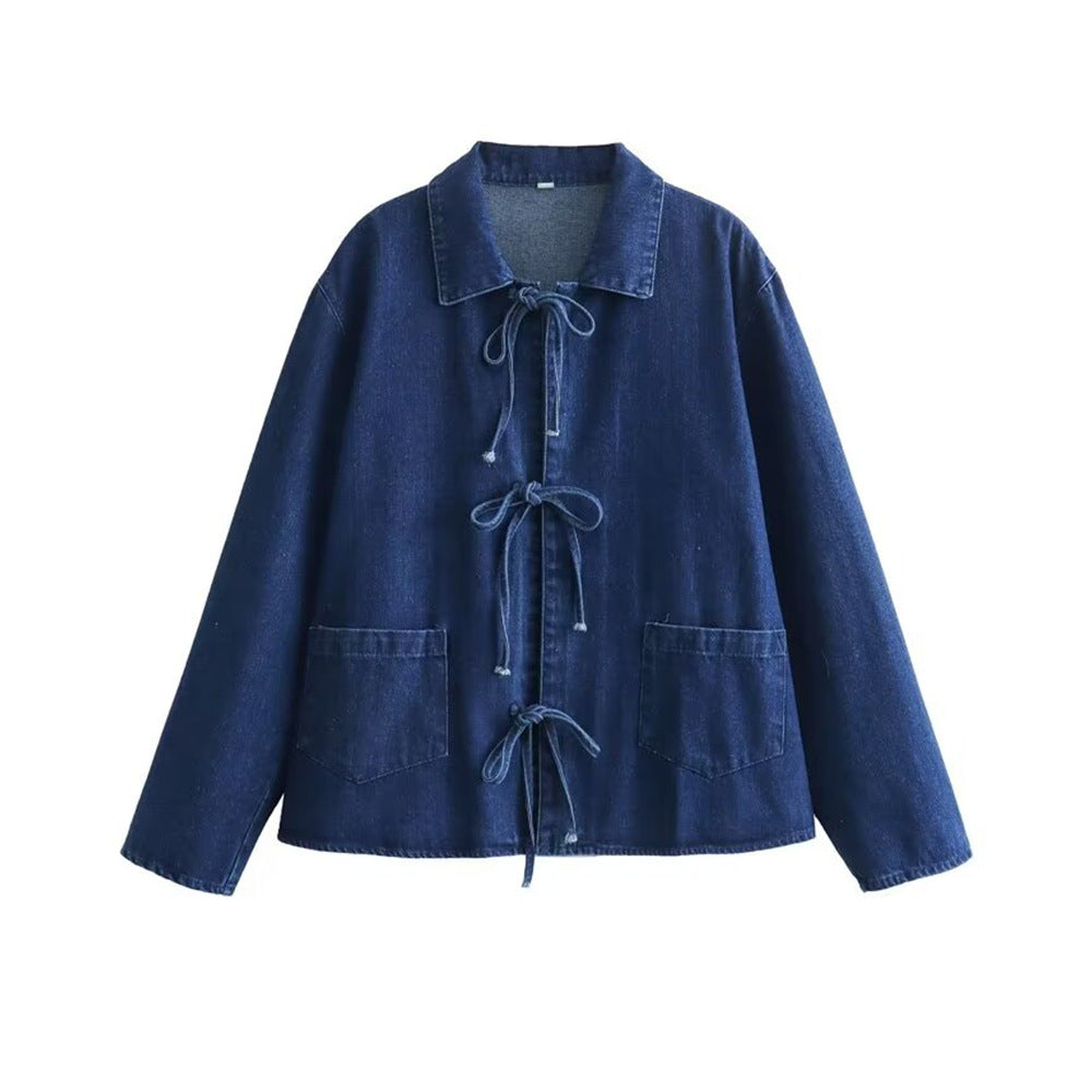 Bow Tie Front Washed Denim Jacket - DarkBlue - 1