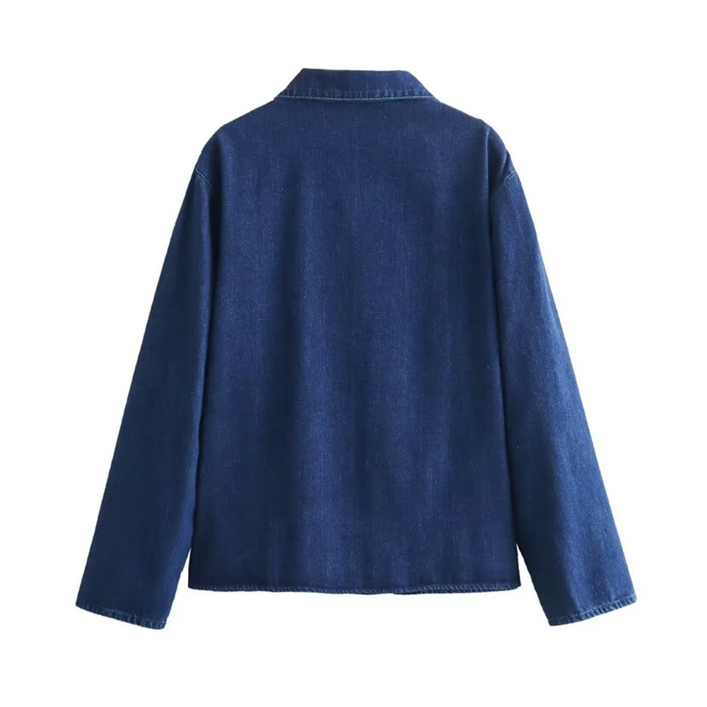 Bow Tie Front Washed Denim Jacket - DarkBlue - 2