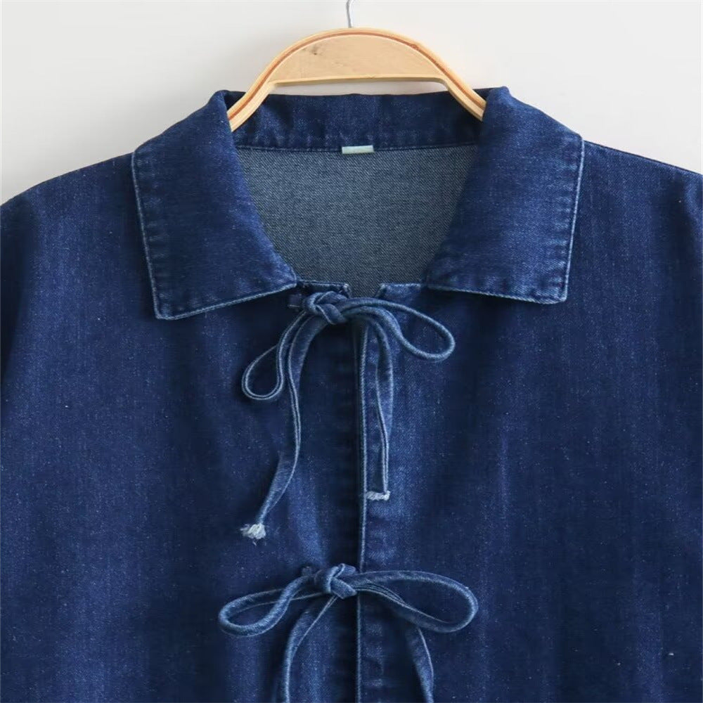 Bow Tie Front Washed Denim Jacket - DarkBlue - 3
